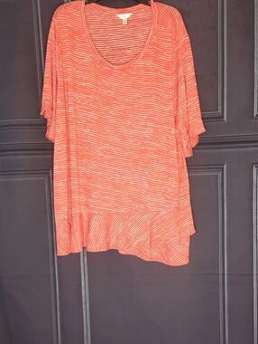 Terra & Sky Coral Stripe Ruffle-Hem Scoop Neck Tunic